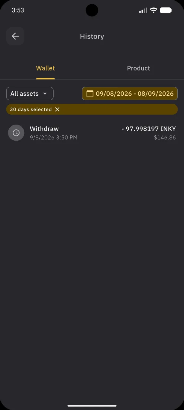 Transaction history, the Wallet tab