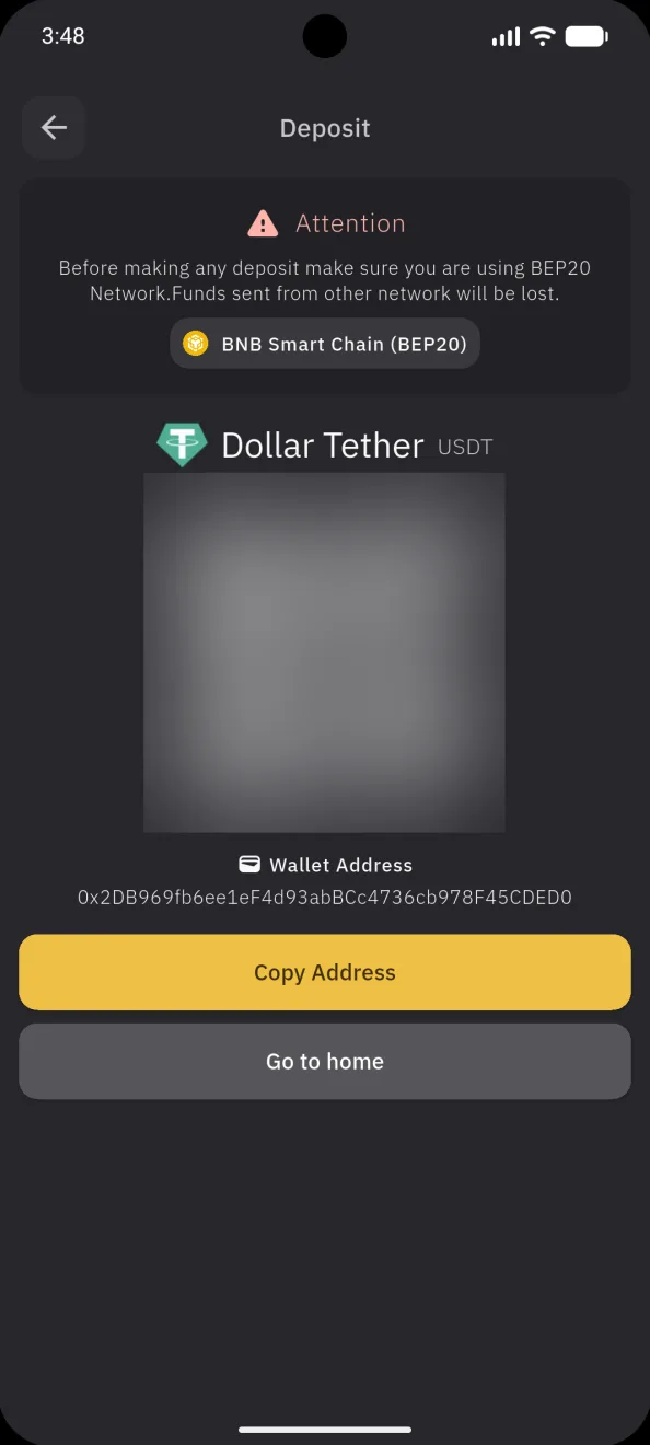 The deposit address and its QR code