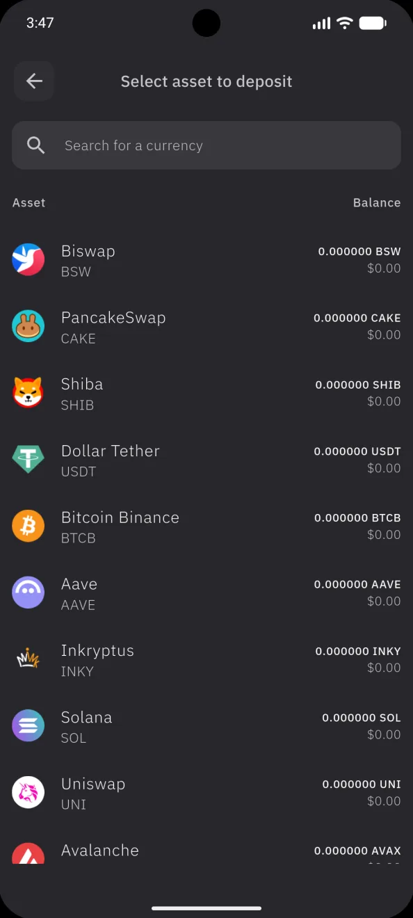 Select the asset to deposit