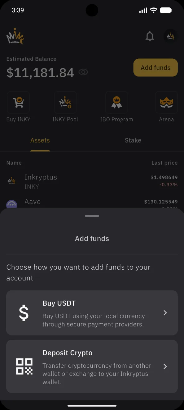 Add funds, buy USDT or deposit crypto