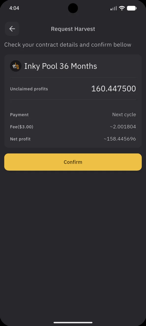 Request harvest, the fee and the net profit