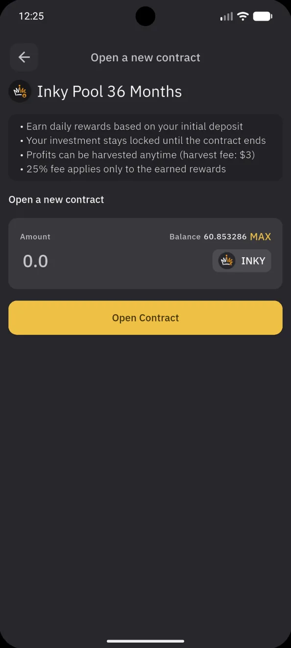 Open a contract on Inky Pool 36 Months, the amount