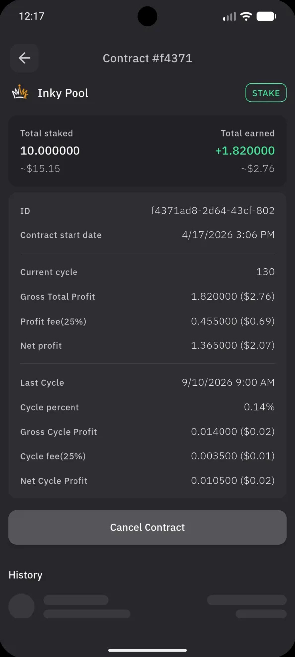 Contract detail on the flexible Inky Pool, what it has earned
