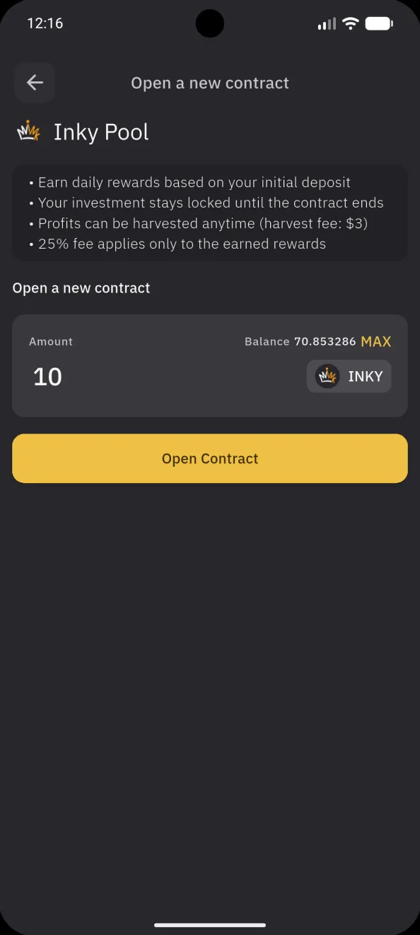 Open a contract on the flexible Inky Pool, the amount