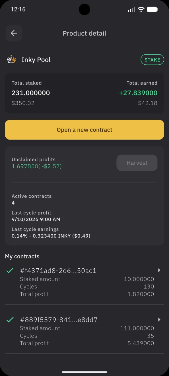 The flexible Inky Pool, with the open contracts and the unclaimed profit