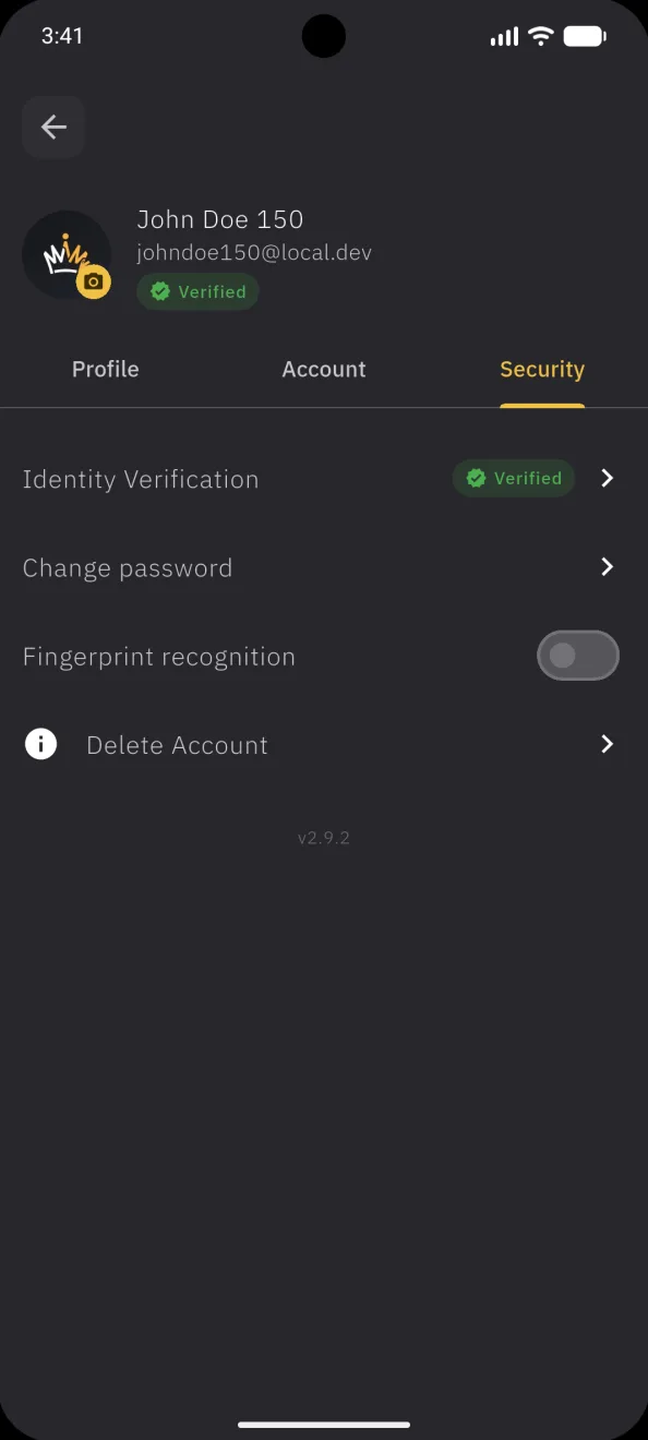 Profile, the Security tab, verified