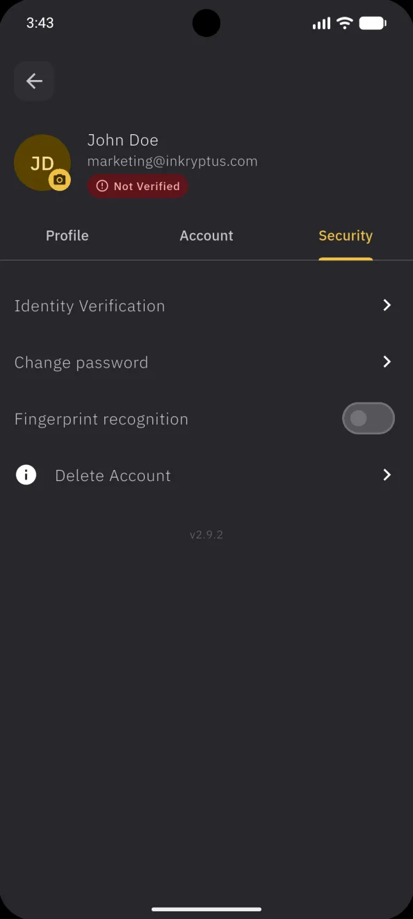 Profile, the Security tab, not verified