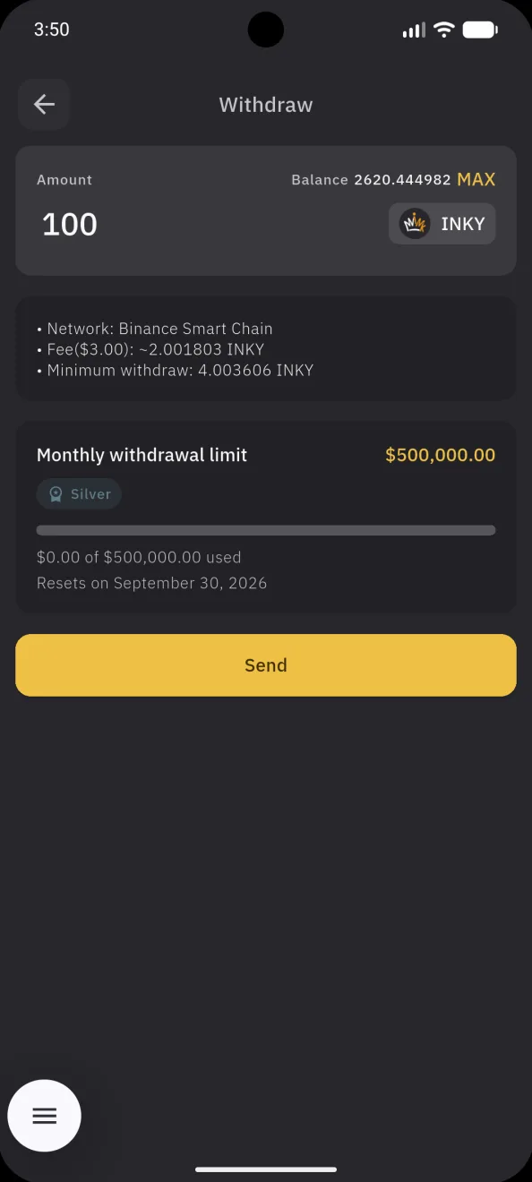 Send INKY, the amount and the monthly limit