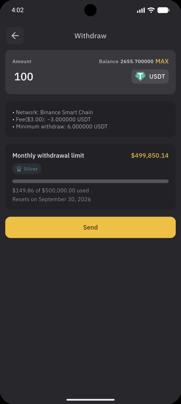 Send USDT, the amount and the monthly limit