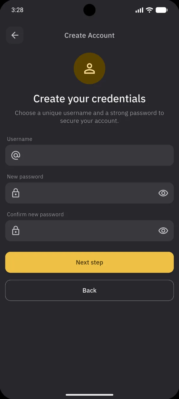 Create account, the username and password