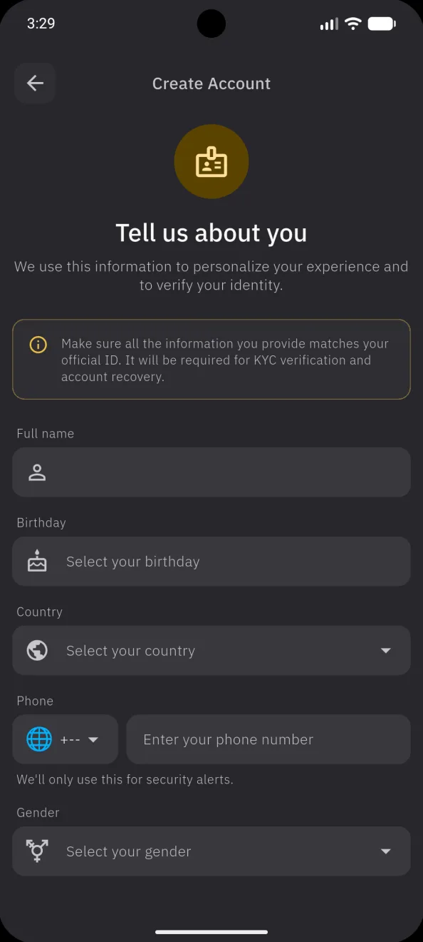 Create account, the personal information