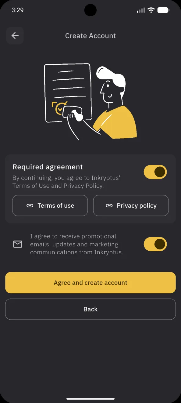 Create account, the terms of use