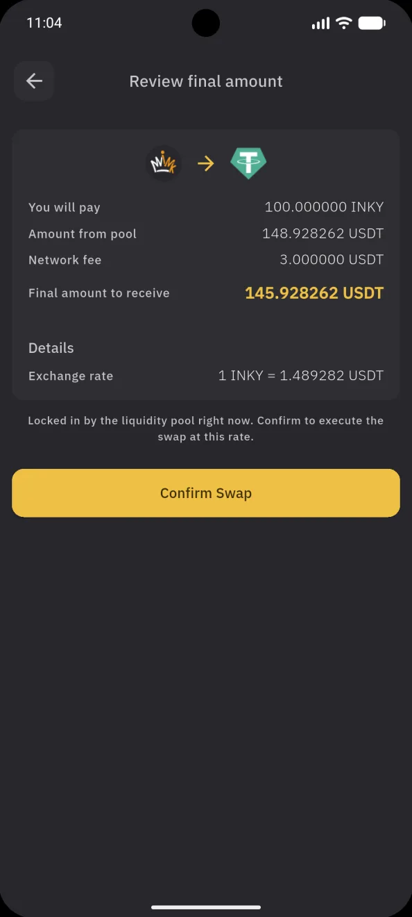 Swap INKY for USDT, the final amount and the rate