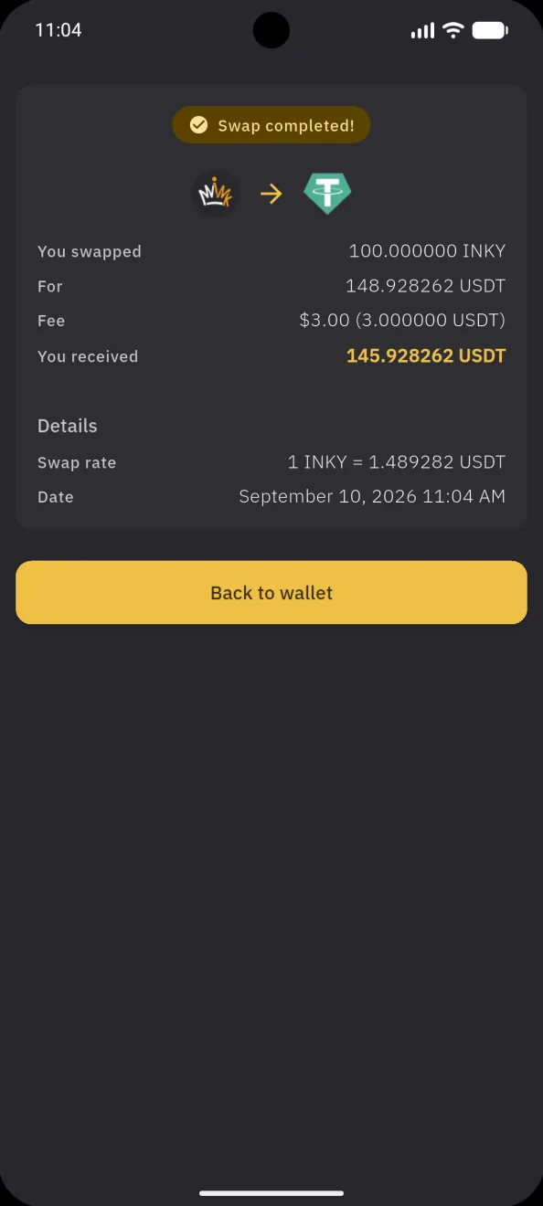 An INKY to USDT swap completed