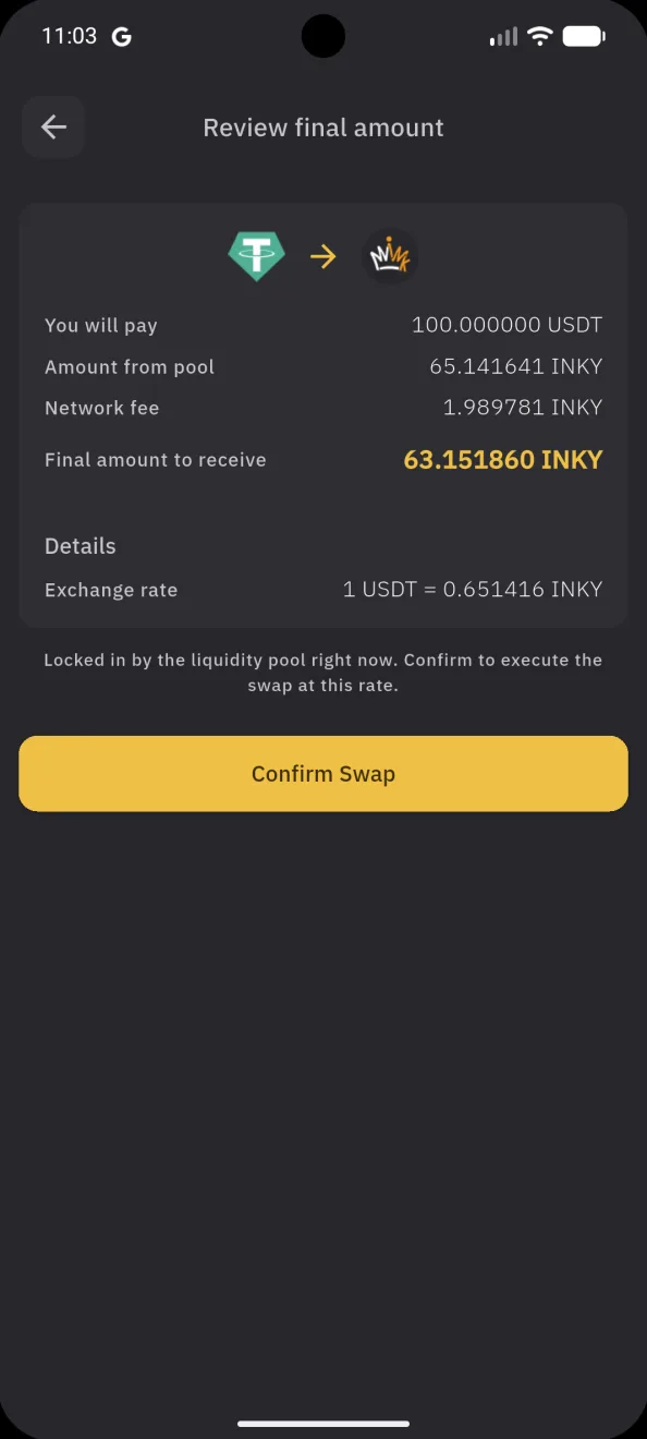 Swap USDT for INKY, the final amount and the rate
