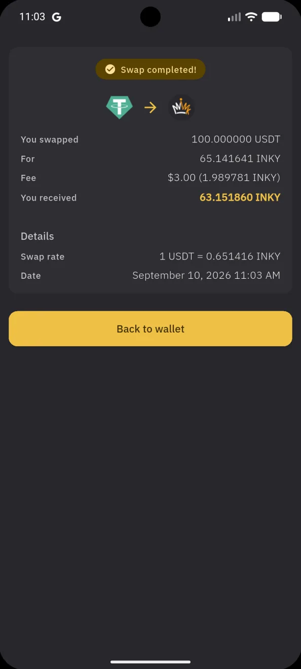 A USDT to INKY swap completed