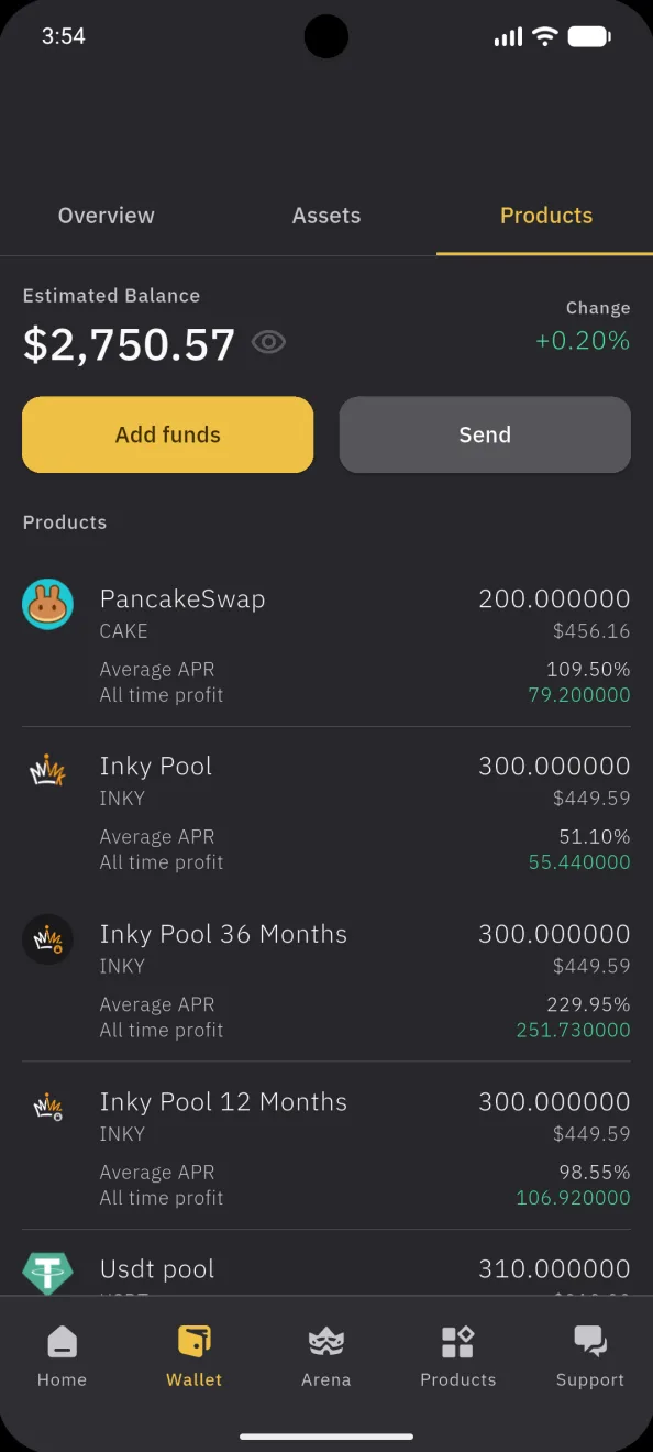 Wallet, the Products tab