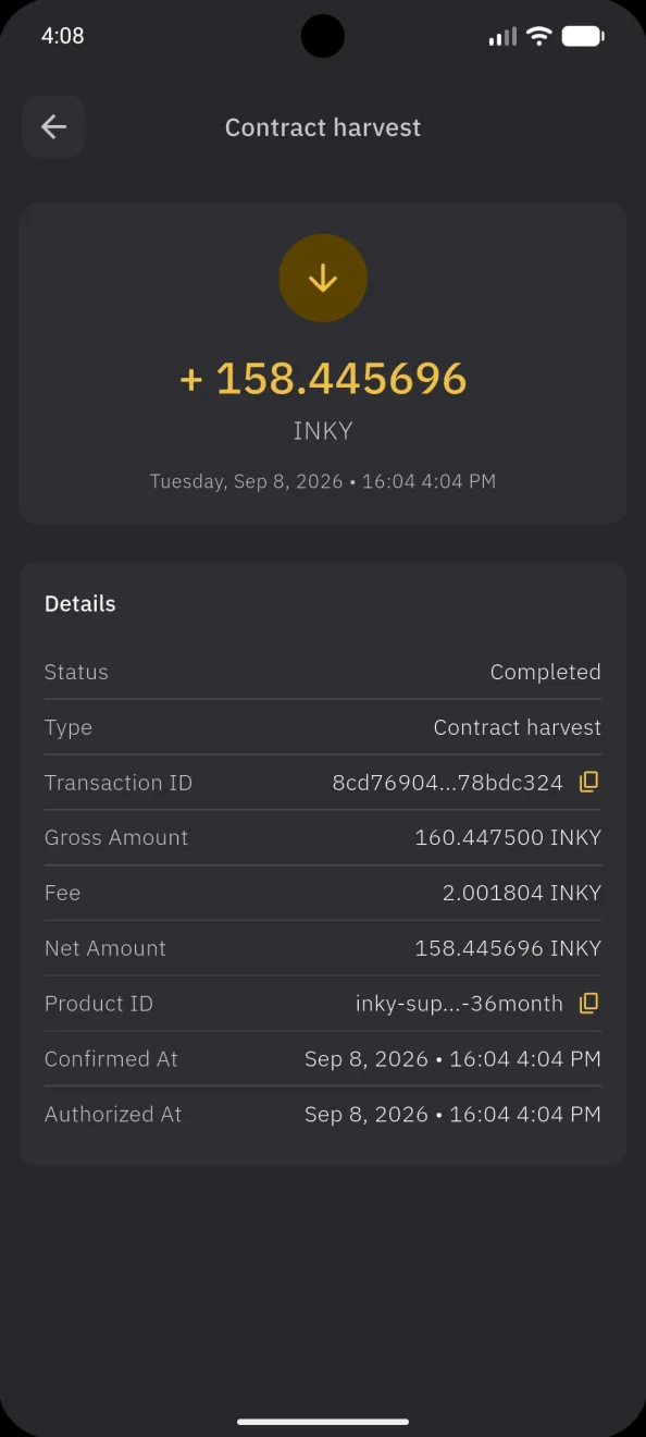 A transaction detail, a contract harvest