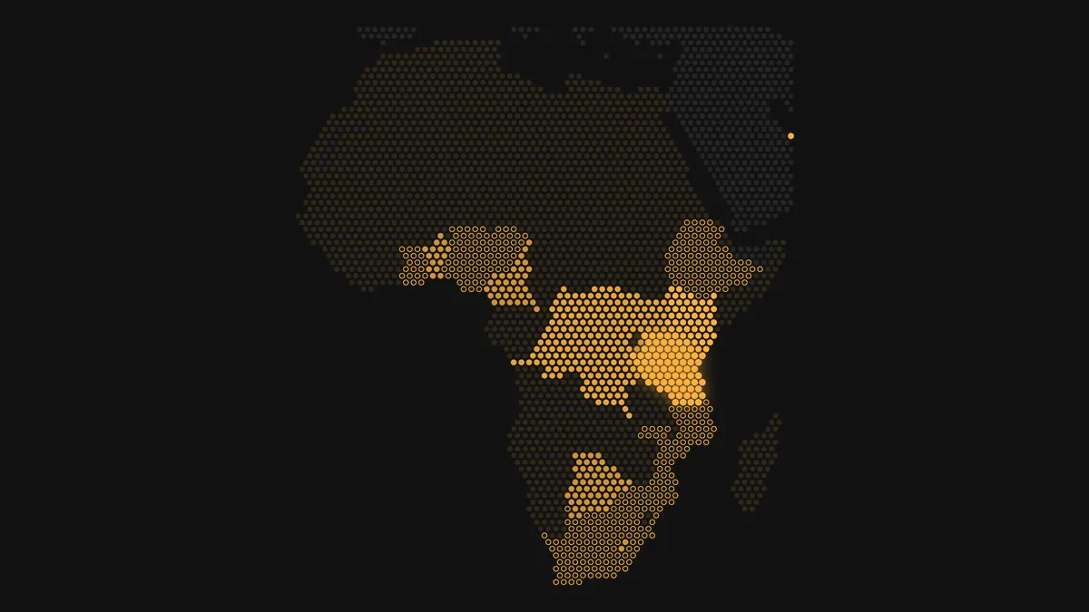The African footprint, September 2026. Intensity follows the weight of the amount staked by country, Tanzania is the brightest, hollow rings mark countries not yet active. Colour here is presence, not market share.