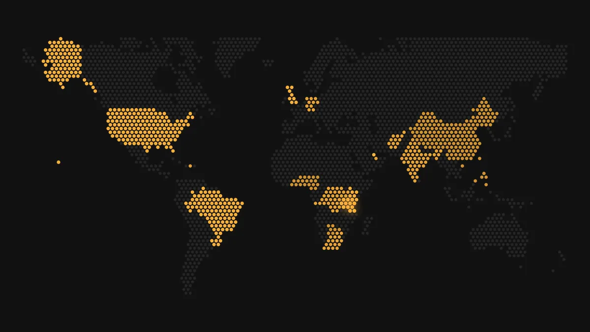 Where Inkryptus has active staking positions, September 2026. Amber marks a country with at least one open staking position; grey marks the rest of the world the app reaches. The glow is Dar es Salaam, where Inkryptus is headquartered.