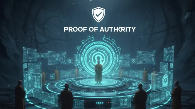 Symbolic Proof of Authority (PoA) image showing verified identities and approval seals connected to blockchain nodes, representing trusted validators and reputation based validation.