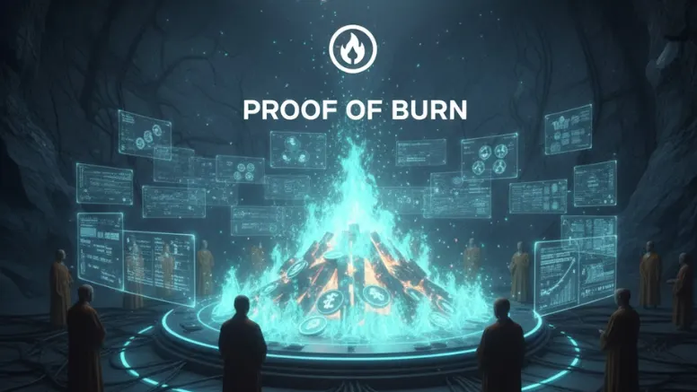Symbolic Proof of Burn (PoB) image showing cryptocurrency tokens being consumed by a blue and orange digital flame, representing the destruction of coins to earn mining rights.