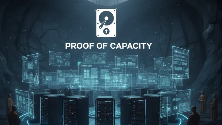 Proof of Capacity (PoC) mining infographic highlighting large storage units and hard drives (HDDs) connected in a network, illustrating the use of disk space to validate blockchain transactions.