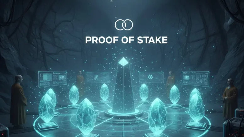 Visual representation of Proof of Stake (PoS) featuring glowing digital coins stacked and connected by green energy networks, symbolizing block validation through asset ownership and energy efficiency.