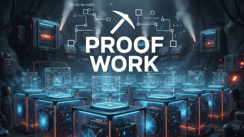 Conceptual illustration of Proof of Work (PoW) showing a crypto mining farm inside a tech cave, with high performance servers, processing smoke, and a digital pickaxe icon over the text Proof of Work.